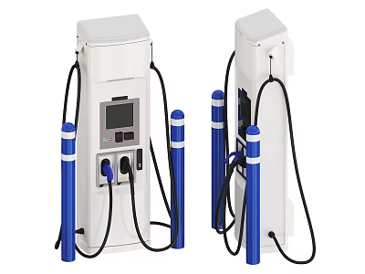 Industrial Electric Vehicle Charging Stations With White Body Blue Pillars Digital Display And Ports 3d model