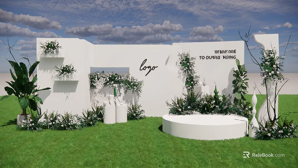 Outdoor Wedding Decor With White Wall Logo Greenery Flowers Round Platform Grass And Blue Sky 3d model 