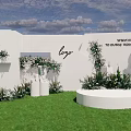 Outdoor Wedding Decor With White Wall Logo Greenery Flowers Round Platform Grass And Blue Sky