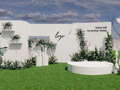 Outdoor Wedding Decor With White Wall Logo Greenery Flowers Round Platform Grass And Blue Sky 3d model