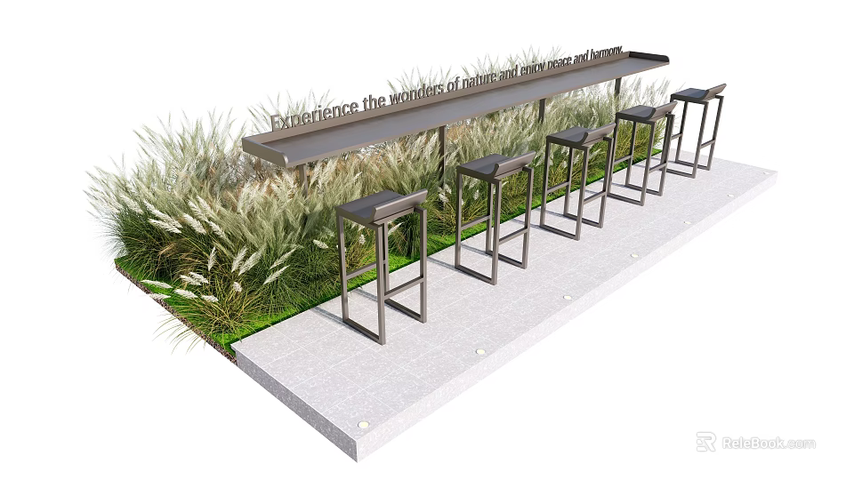 Outdoor Metal Bar Counter With Modern Stools And Lush Grass Surroundings 3d model 