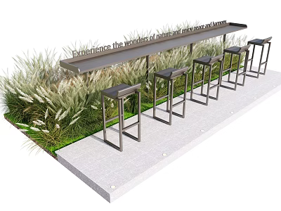 Outdoor Metal Bar Counter With Modern Stools And Lush Grass Surroundings 3d model