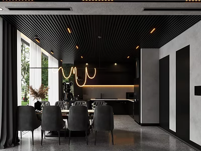 Modern Restaurant Interior With Black Ceiling Chandelier Dining Table Chairs And Green Plants 3d model