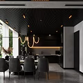 Modern Restaurant Interior With Black Ceiling Chandelier Dining Table Chairs And Green Plants