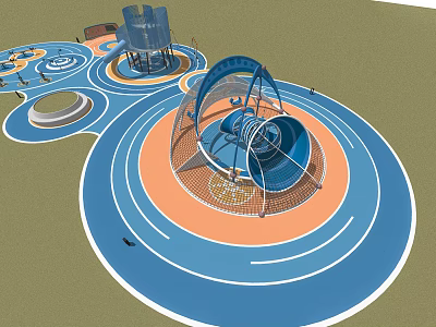 Children's Playground With Circular Blue Orange Zones Spinning Structures And Climbing Nets 3d model