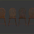 Four Red Wooden Leisure Chairs with Curved Backrests Arranged Together