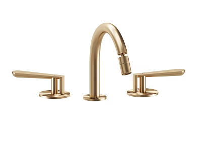 Brushed Gold Two Handle Widespread Bathroom Faucet With Curved Spout Design 3d model