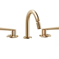Brushed Gold Two Handle Widespread Bathroom Faucet With Curved Spout Design