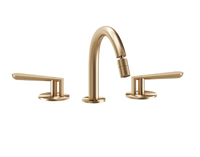 Brushed Gold Two Handle Widespread Bathroom Faucet With Curved Spout Design 3d model