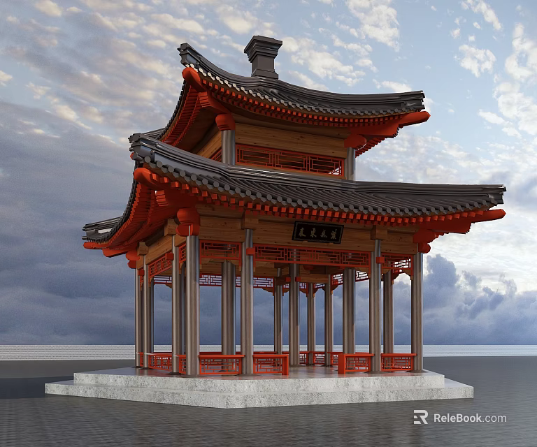 Chinese Traditional Pavilion With Multi Tiered Tile Roof Red Pillars And Stone Base 3d model 