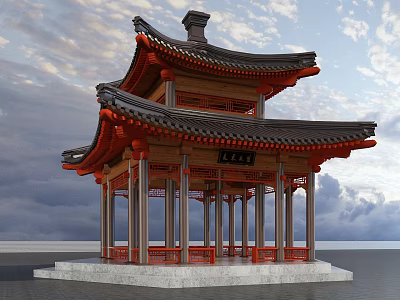 Chinese Traditional Pavilion With Multi Tiered Tile Roof Red Pillars And Stone Base 3d model