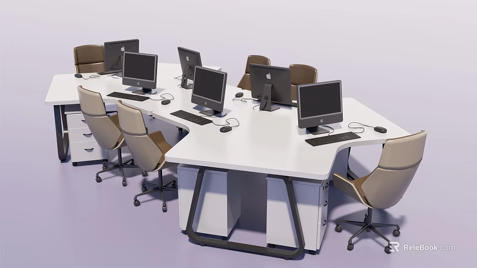 Modern Office Desk Setup With Multiple Computers And Ergonomic Office Chairs 3d model 