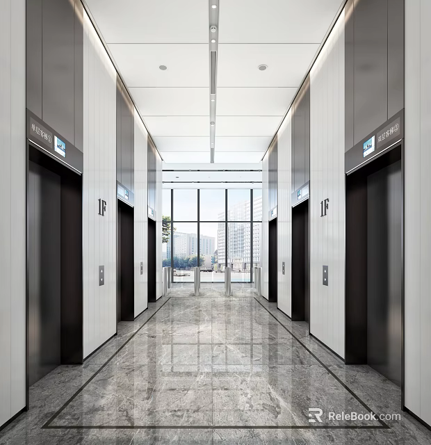 Modern Elevator Lobby With Elevator Doors Large Glass Windows Marble Flooring And City View 3d model