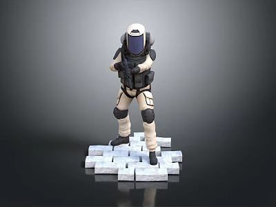 Space Suit Character Holding Weapon With Alien Creature On White Block Platform 3d model