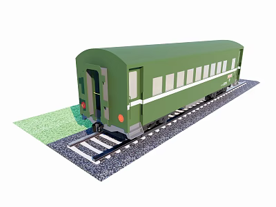 Single Green Train Carriage Parked On Railway Tracks With Green Grass Nearby 3d model