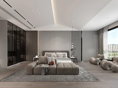 Modern Bedroom Interior Design With Large Bed Bench Rug And Floor to Ceiling Window 3d model