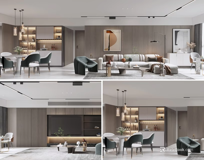 Modern Living And Dining Room Interior With Sofa Dining Table Chairs Pendant Lights And Artwork 3d model 