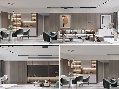 Modern Living And Dining Room Interior With Sofa Dining Table Chairs Pendant Lights And Artwork 3d model