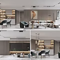 Modern Living And Dining Room Interior With Sofa Dining Table Chairs Pendant Lights And Artwork