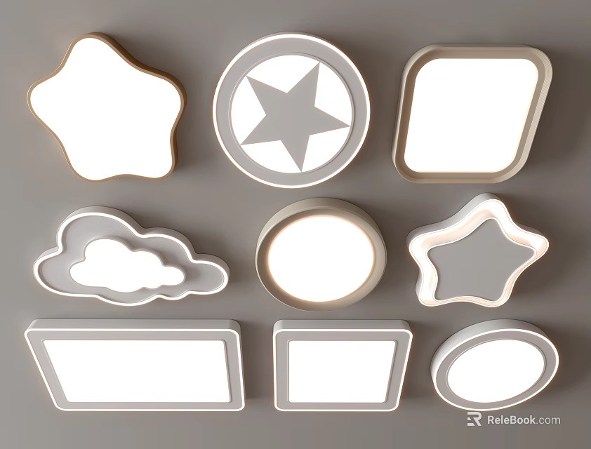 Modern Decorative Ceiling Lights with Star Cloud Round Square Shapes and White Lampshades 3d model 