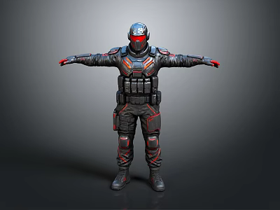 Futuristic Warrior in Black and Red Armor With Helmet And Outstretched Arms 3D Character 3d model