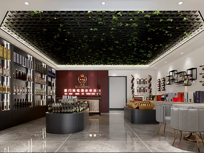 Tobacco and Liquor Store Interior With Wine Bottles Liquor Shelves And Green Ceiling Decor 3d model