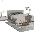 Modern Double Bed with Soft Quilt Blanket Pillows Side Table Decorative Toy and Small Plant