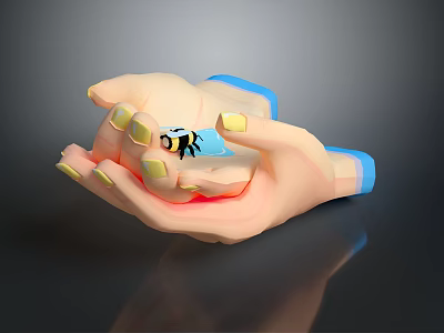 3D Hand Model With Yellow Nails Holding Small Blue Object In Palm 3d model
