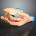 3D Hand Model With Yellow Nails Holding Small Blue Object In Palm