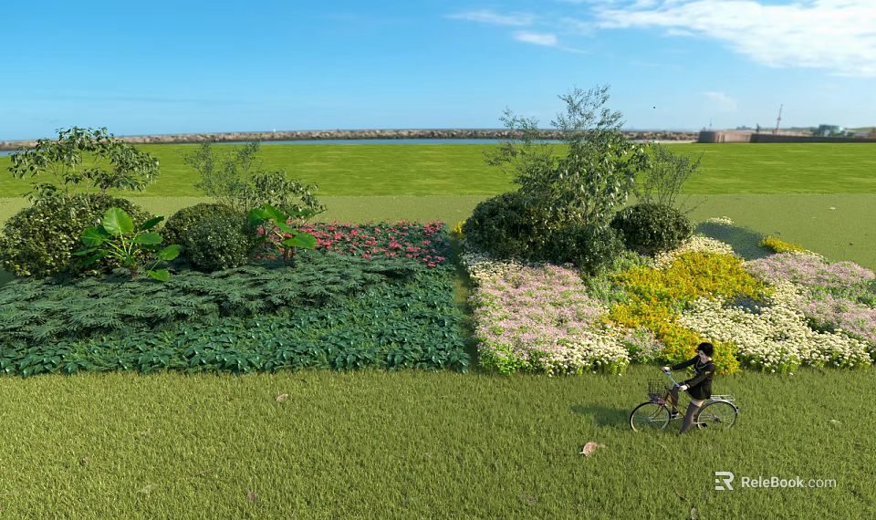 Beautiful Garden Landscape With Green Lawn Colorful Flower Beds Shrubs And Person Cycling 3d model 