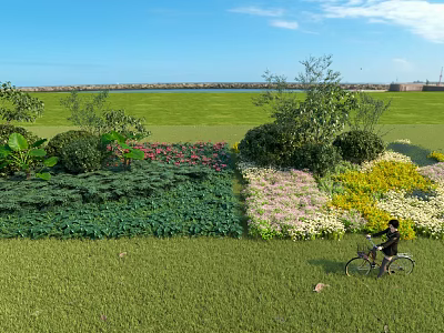 Beautiful Garden Landscape With Green Lawn Colorful Flower Beds Shrubs And Person Cycling 3d model