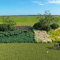 Beautiful Garden Landscape With Green Lawn Colorful Flower Beds Shrubs And Person Cycling
