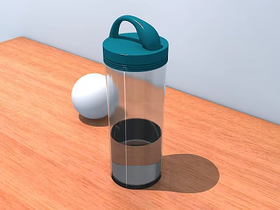 Transparent Cup With Green Lid And White Ball On Wooden Table Surface 3d model