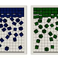 Background Wall Design With Blue Green 3D Cubes In White Frame And Grid Pattern