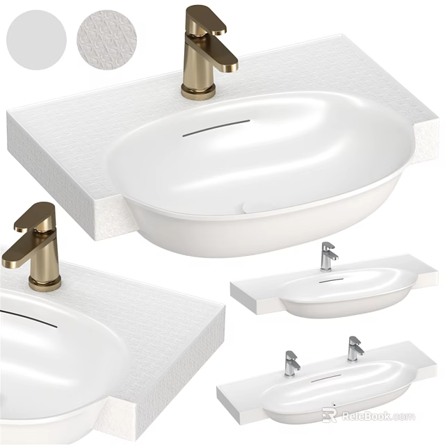 Modern Bathroom White Washbasin With Gold Silver Faucets On Stone Countertop 3d model 