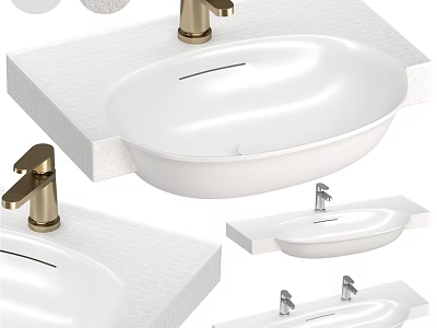 Modern Bathroom White Washbasin With Gold Silver Faucets On Stone Countertop 3d model