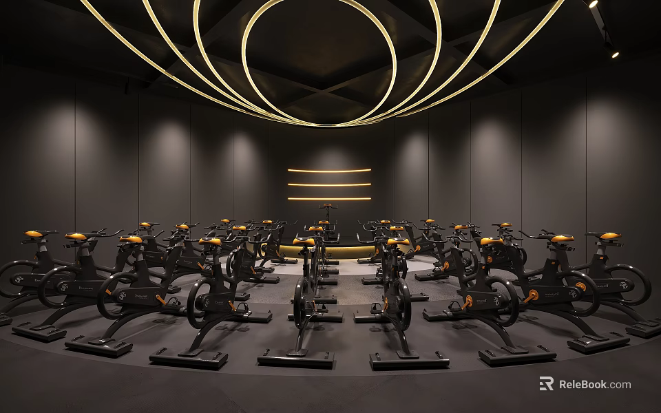Modern Gym Studio With Multiple Spin Bikes And Circular Yellow Lighting 3d model 