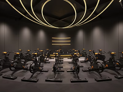 Modern Gym Studio With Multiple Spin Bikes And Circular Yellow Lighting 3d model