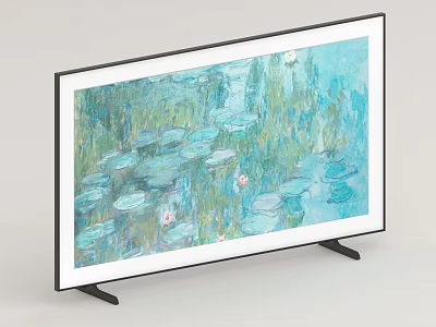 Modern Television Displaying Monet Water Lilies Painting On Screen With Stand 3d model