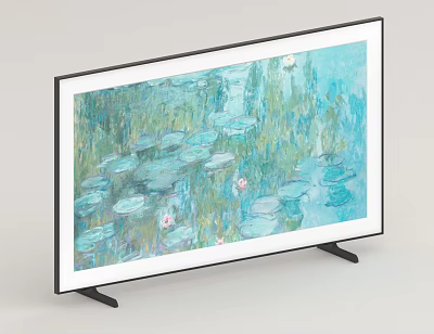 Modern Television Displaying Monet Water Lilies Painting On Screen With Stand 3d model