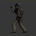 Game And Movie Character In Protective Suit With Helmet And Tactical Gun