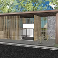 Garden Landscape Featuring Wooden Roof Stone Walls Bamboo Screens Lawn And Trees
