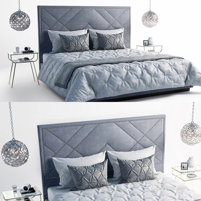 Modern Double Bed With Quilted Headboard Gray Linens And Pendant Lights 3d model
