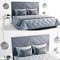 Modern Double Bed With Quilted Headboard Gray Linens And Pendant Lights 3d model