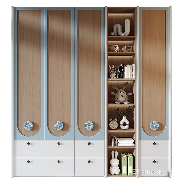 Modern Wooden Wardrobe With Light Blue Accents Doors Drawers Open Shelves Books And Stuffed Rabbit 3d model 