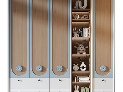 Modern Wooden Wardrobe With Light Blue Accents Doors Drawers Open Shelves Books And Stuffed Rabbit 3d model