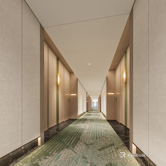 Modern Hotel Corridor Design With Wall Lights Green Pattern Carpet And Bright Ceiling 3d model 