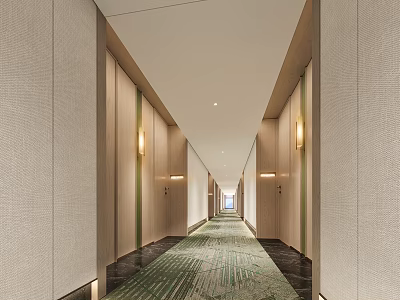 Modern Hotel Corridor Design With Wall Lights Green Pattern Carpet And Bright Ceiling 3d model