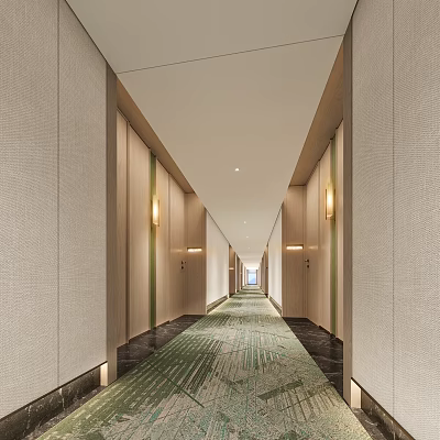 Modern Hotel Corridor Design With Wall Lights Green Pattern Carpet And Bright Ceiling 3d model