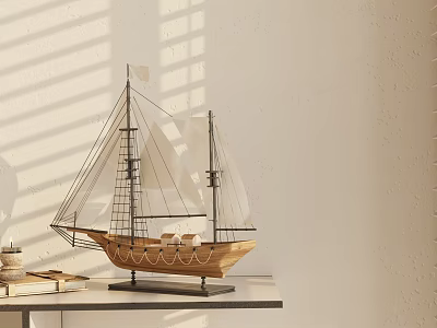 Decorative Ornament Set Featuring Wooden Sailboat Model Displayed on Table with Sunlight Shadows 3d model